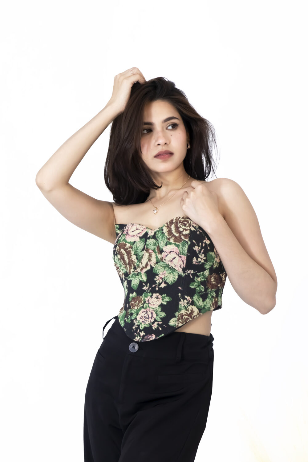 Black Floral Strapless Corset Top - Image 4