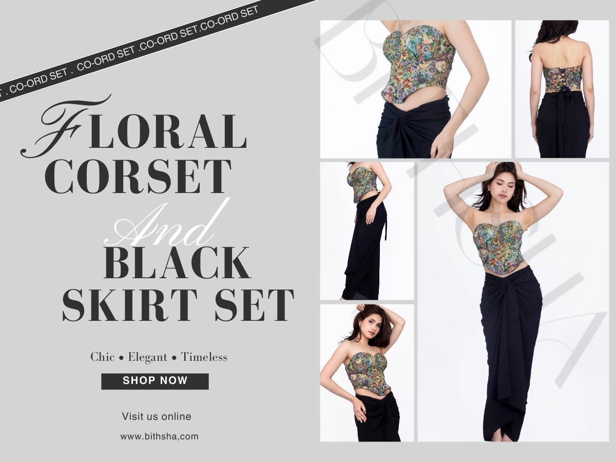 Woman wearing a Floral Corset Top and Black Skirt Set – stylish coord set for women fashion